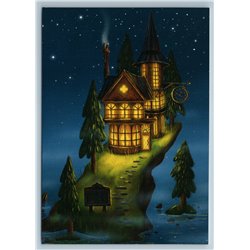 FAIRY HOUSE on Mountain Forest Starry Ski Lake Clock Fantasy Russian Postcard