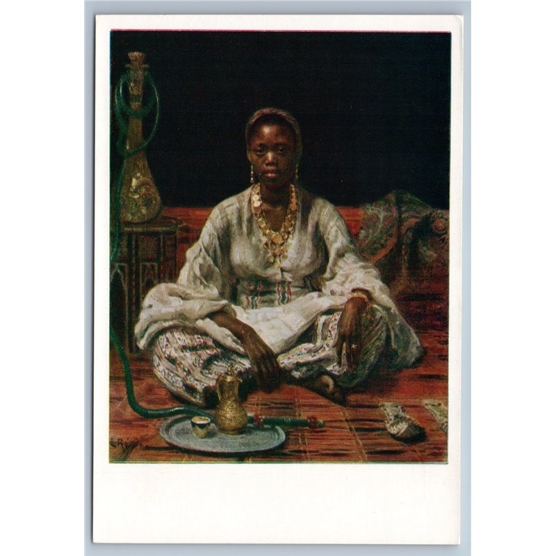 1957 BLACK WOMAN In hookah bar Ethnic Clothes by Repin Soviet USSR Postcard