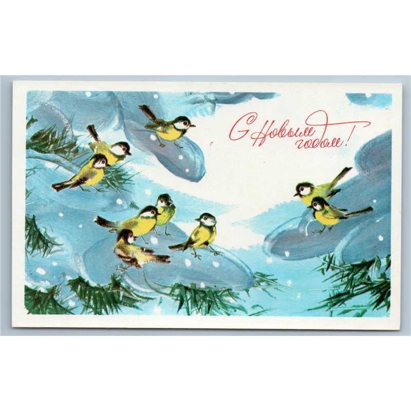 1978 BLUEBIRDS BIRD on Christmas tree Forest Happy New Year Soviet USSR Postcard