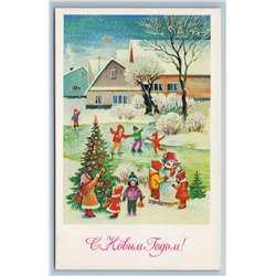 1990 Happy New Year Kids on Ice Rink Christmas Tree Snow Soviet USSR Postcard