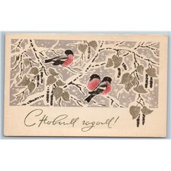 1968 BULLFINCHES Birds in Snow Winter Forest Happy New Year Soviet USSR Postcard