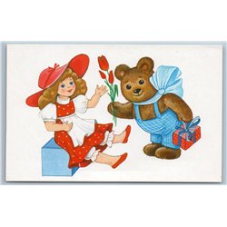 1988 DOLL in Red Olka Dot dress n BROWN BEAR Congatulations Soviet USSR Postcard
