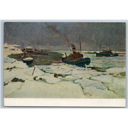 1954 BOATS IN ICE  Ships End of Sea navigation Winter Soviet USSR Postcard