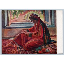 1958 TURKMENISTAN WOMAN NEEDLEWORK Asia Ethnic Carpet Winsow Soviet Postcard
