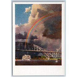 1965 PASSENGER SHIP Moscow Canal BRIDGE Rainbow SKY clouds Soviet USSR Postcard