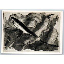 1961 SHARK SEA Fish in Waves UNUSUAL Woodcut illustration Soviet USSR Postcard