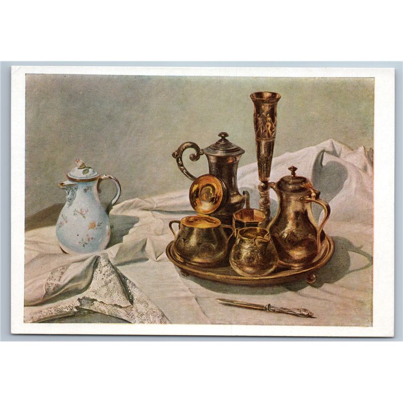 1958 SILVER COFFEE SET Fine SILVERWARE Pot Knife tray Still life USSR Postcard