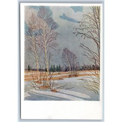 1958 SPRING BIRCHES Trees Russian Snow Ethnic Landscape Soviet USSR Postcard