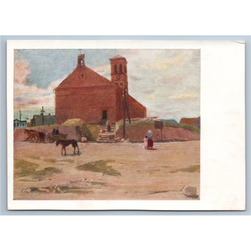 1960 CATHOLIC CHURCH in Poland Donkey Horse Carriage Landscape Soviet Postcard