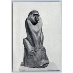 1958 MONKEY SCULPTURE sits on stone Animals by Vatagin USSR Postcard
