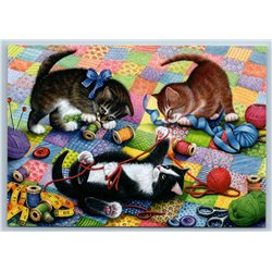 CUTE CAT Kittens play Spools of thread Sewing accessories Russian New Postcard