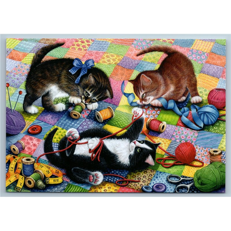 CUTE CAT Kittens play Spools of thread Sewing accessories Russian New Postcard