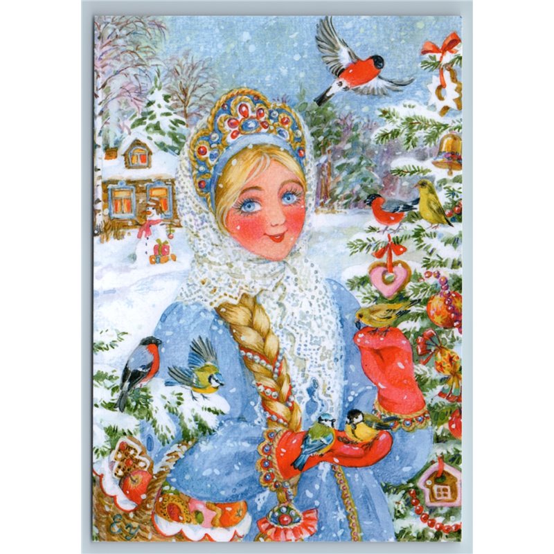 RUSSIAN SNOW MAIDEN Long Braid BULLFINCHES Christmas Tree Ethnic New Postcard