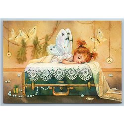 LITTLE GIRL FAIRY sleeps on Suitcase Traveler tired Fantasy Russian New Postcard