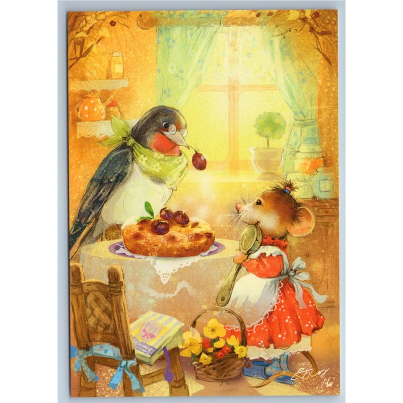 MOUSE n SWALLOW Bird eat Plum Pie in Kitchen Cooking Russian New Postcard
