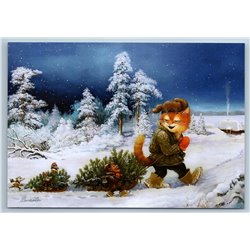 RED CAT Brownie MICE taking CHRISTMAS TREE Winter Snow Forest Russian Postcard