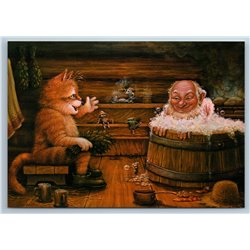 RED CAT n BROWNIE Mice steaming in sauna Beer Mug Russian Ethnic New Postcard