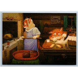 RED CATS bake bread Russian Stove Cooking Mice Dough Ethnic House New Postcard