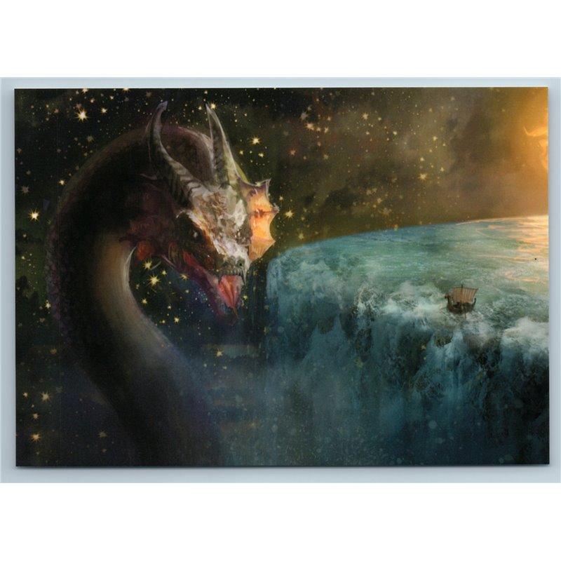 DRAGON MONSTER at Edge of World Ship Waterfall Fantasy Art Russian New Postcard