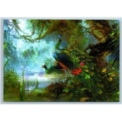 TWO PEACOCKS walk in Abstract Forest Birds Fantasy Vivid Russian New Postcard