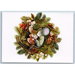 TWO MICE MOUSE sleep in Christmas Tree Wreath So cute Russian New Postcard