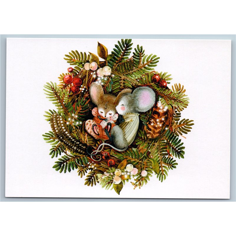 TWO MICE MOUSE sleep in Christmas Tree Wreath So cute Russian New Postcard