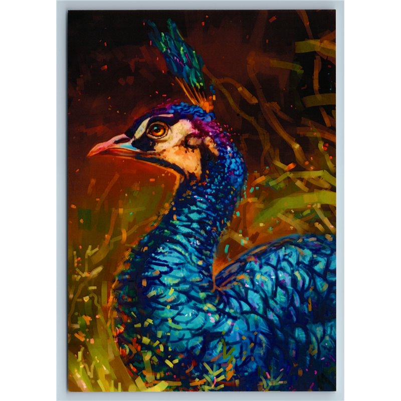 BLUE PEACOCK Bird Abstract Unusual Art Russian New Postcard