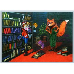 FUNNY PINOCCHIO in library RED FOX Strict librarian Humor Russian New Postcard