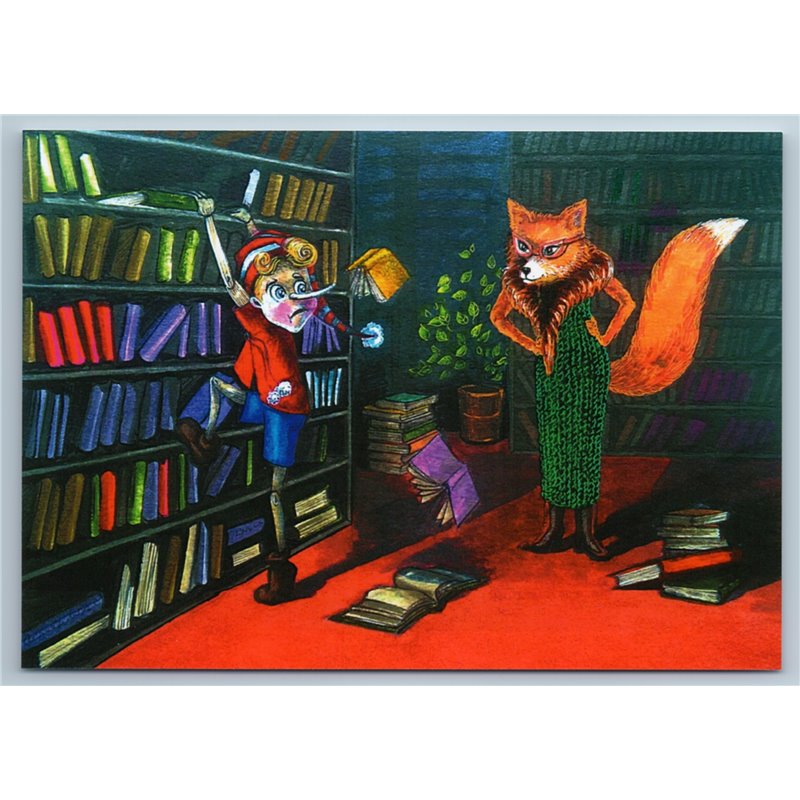 FUNNY PINOCCHIO in library RED FOX Strict librarian Humor Russian New Postcard
