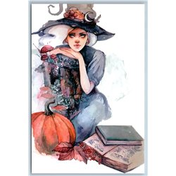 HALLOWEEN PRETTY GIRL WITCH with BOOK Mushroom Pumpkin Russian New Postcard