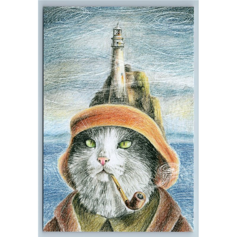 CAT n Tobacco Pipe Lighthouse of Europe Unusual Graphic ART Russian New Postcard
