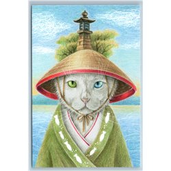 CAT different eyes Conical hat Lighthouse ASIA Unusual Graphic New Postcard