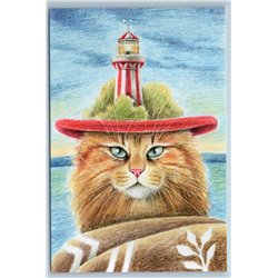 CAT SEA Lighthouse of Australia Unusual Graphic Art Russian New Postcard