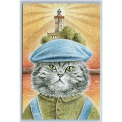 CAT in Jeans cap Lighthouse of Africa Unusual Graphic Art Russian New Postcard