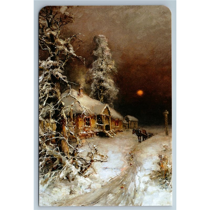 WOODEN HOUSE Horse Carriage Snow Winter Landscape Moon New Postcard