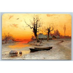 BOAT in frozen river RUSSIAN VILLAGE Evening Light Landscape New Postcard