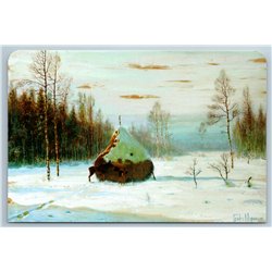 MOOSE ELK with Cub near Haystack Snow Winter Russian Landscape New Postcard