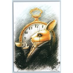 WHITE RABBIT HARE Tea Time Clock Alice in Wonderland Unusual Russia New Postcard