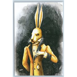 UNUSUAL WHITE RABBIT Hare with Clock Suit Alice Wonderland Russian New Postcard
