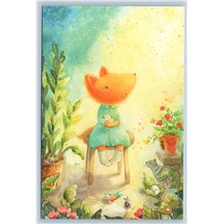 RED FOX with Mouse Mice CAT in Sunny Garden Teddy Bear Toy Russian New Postcard