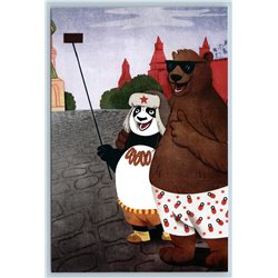BROWN BEAR n PANDA takes SELFIE on Red Square China Russia Friends New Postcard