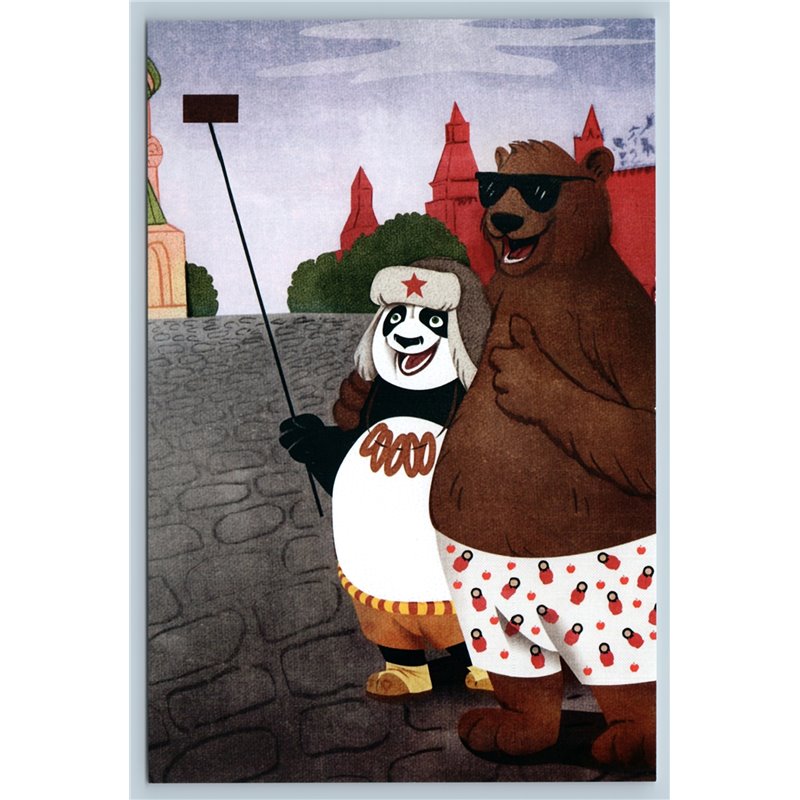 BROWN BEAR n PANDA takes SELFIE on Red Square China Russia Friends New Postcard