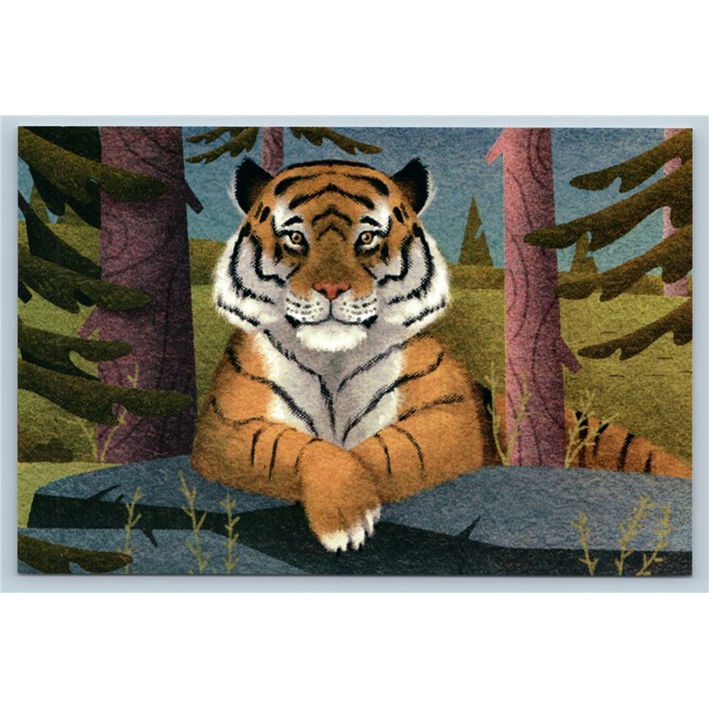 AMUR TIGER in Forest BIG CAT Wild Animal Unusual Art Russian New Postcard