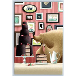 BROWN BEAR and BIG CAKE in Kitchen SWEET TOOTH Tea Time Russian New Postcard