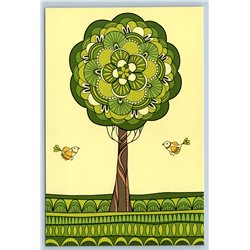 GREEN TREE Birds Spring Time Forest Unusual Graphic Art Russian New Postcard