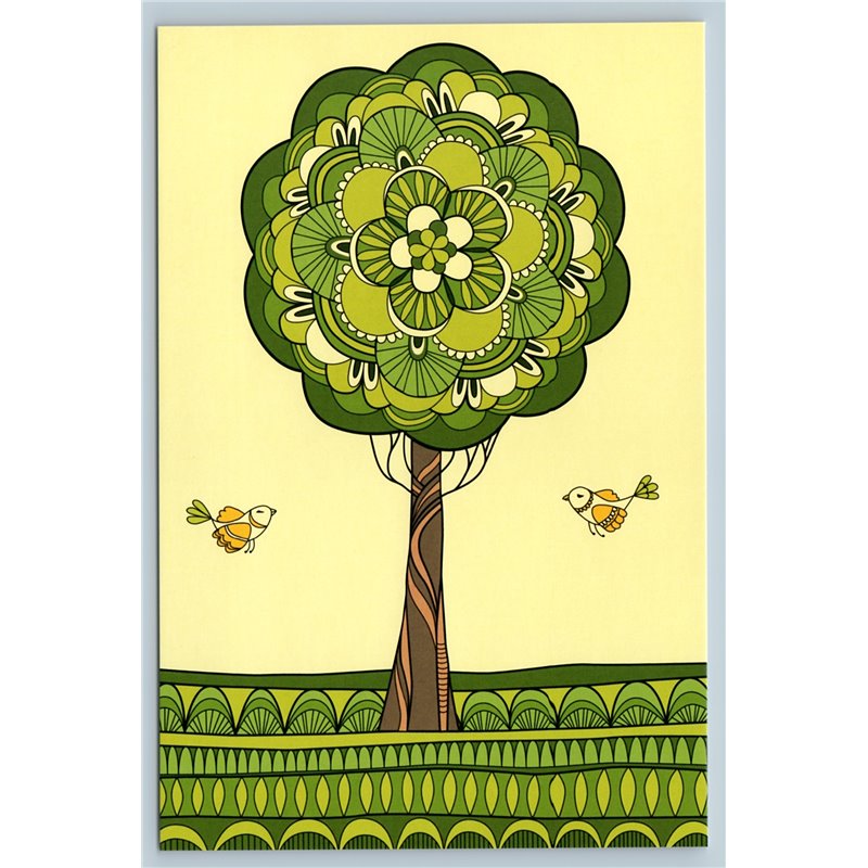 GREEN TREE Birds Spring Time Forest Unusual Graphic Art Russian New Postcard