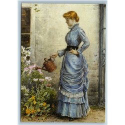 Lady watering flowers in the yard by George Goodwin NEW Modern Postcard