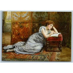 LADY reads a book in boudoir Interior by George Goodwin NEW Modern Postcard