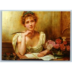 Pretty LADY writes a letter Roses by George Goodwin NEW Modern Postcard
