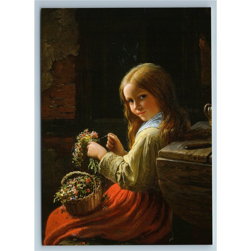 Pretty Little Girl gathers a bouquet of flower by Johann Meyer NEW MDRN Postcard